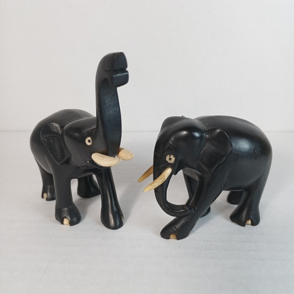 2 x 1970s VTG Hand-Carved Solid Ebony Wood Elephants With Tusks Made In Ceylon